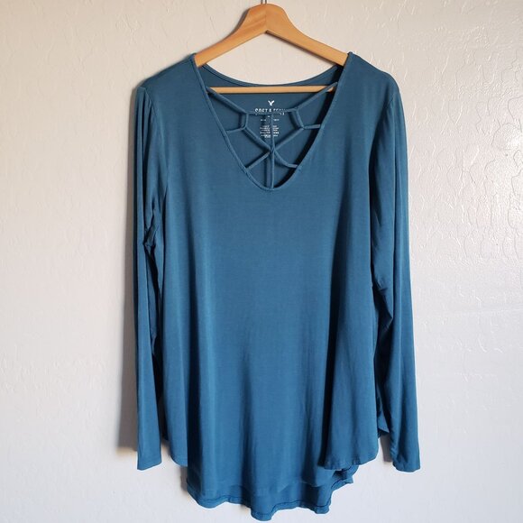 American Eagle Soft & Sexy Jersey Knit Strappy Neck Top Blue Size XXL Flowy NEW - Picture 1 of 10